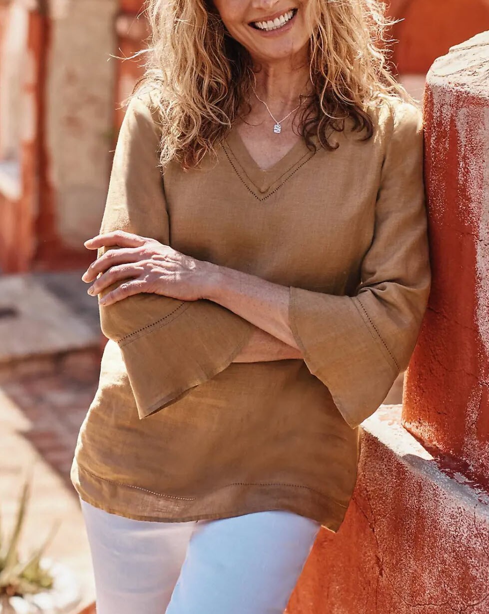 J.Jill Women Linen V-Neck Flounced-Sleeve Top Color Vicuna Size Petite L #245212