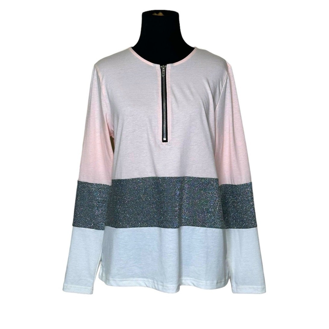 Rose Gal pink silver white color block long sleeves pullover size Small