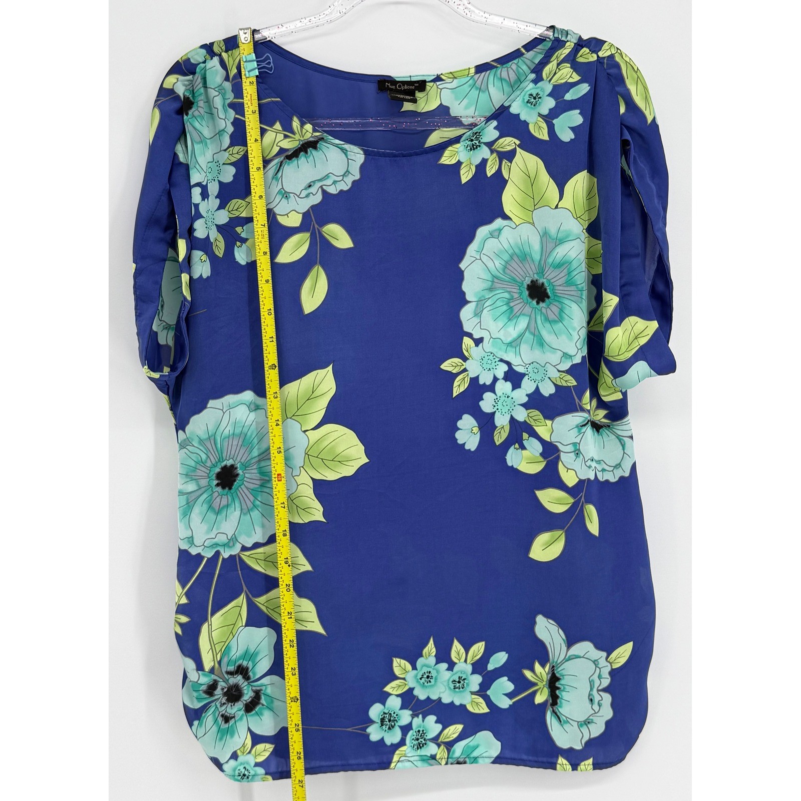 Nue Options Womens Blue Floral Split Sleeve Scoop Neck Blouse Top Sz S