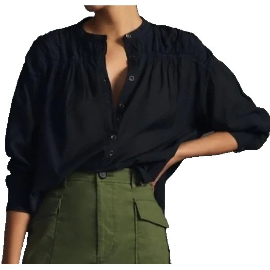 Pilcro Anthropologie Henley Popover Blouse Size M Black Gathered Shoulders Sheer