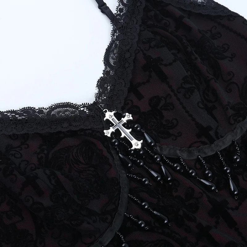 Gothic Vintage Flocking Camisole Women Fairycore Grunge Y2K Lace Crop Tops