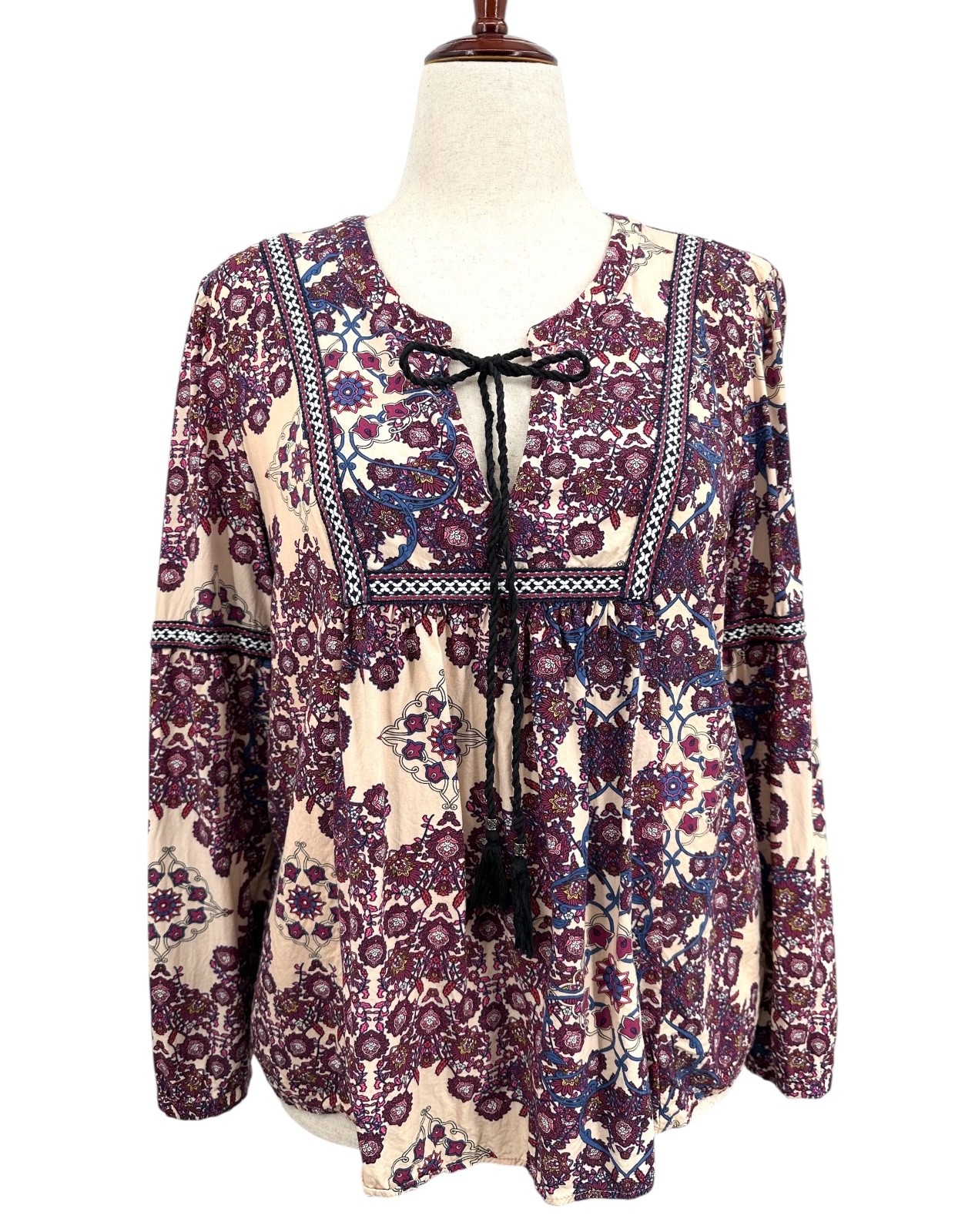 Daniel Rainn Embroidered Peasant Top Violet & Beige Paisley Long Sleeve Size XL