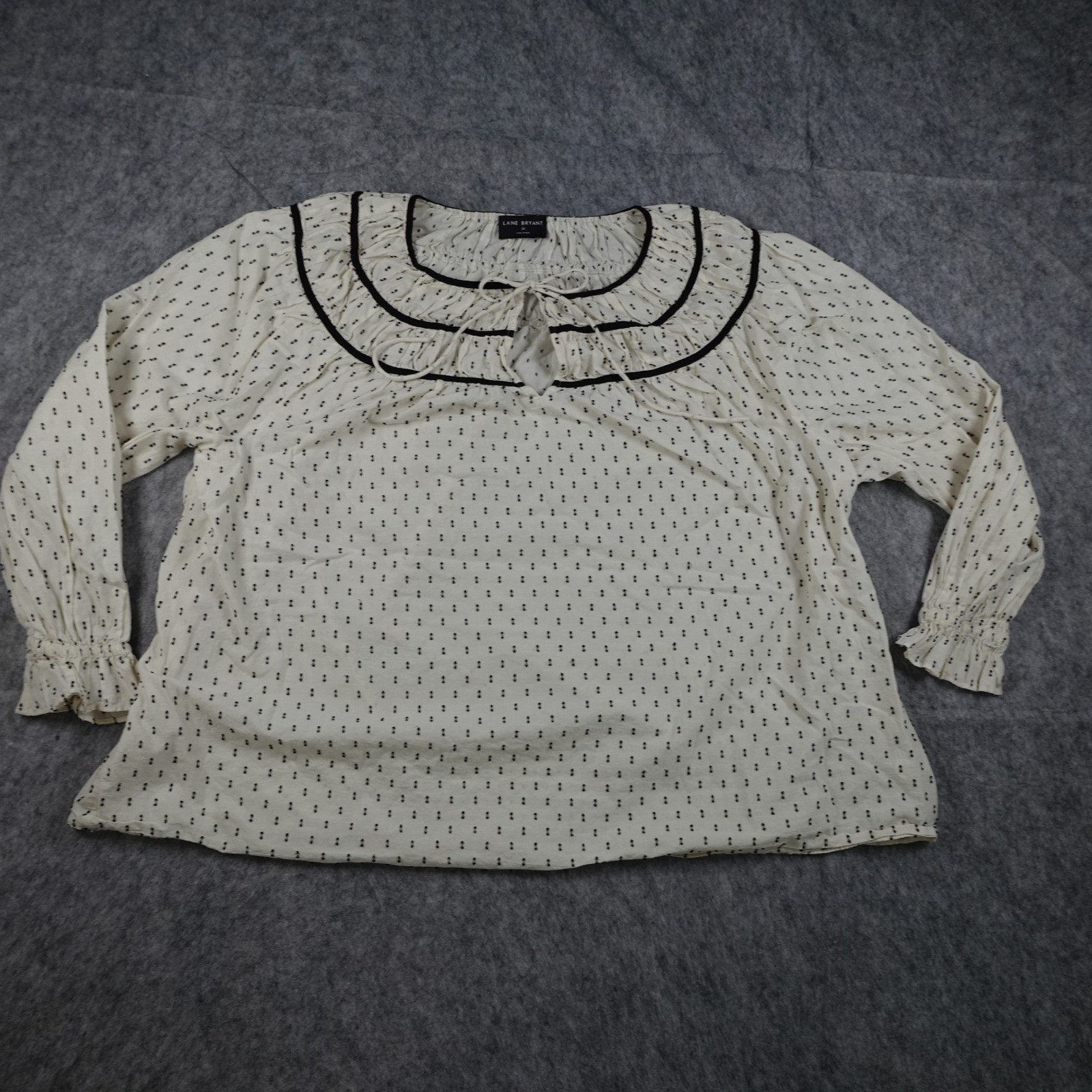 Lane Bryant Top Women 22 Ivory Black Polka Dot Peasant Tie Neck Cotton