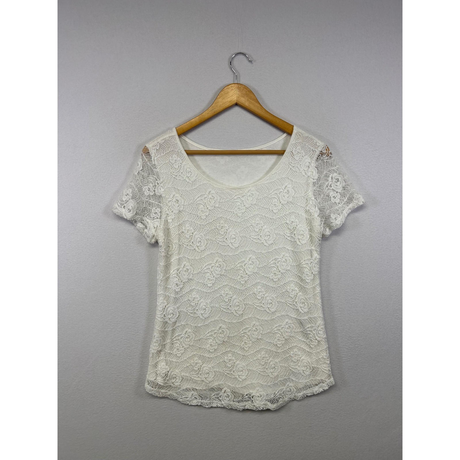 Cottagecore Leo & Nicole Womens Medium Ivory Floral Lace Scoop Neck Blouse Top