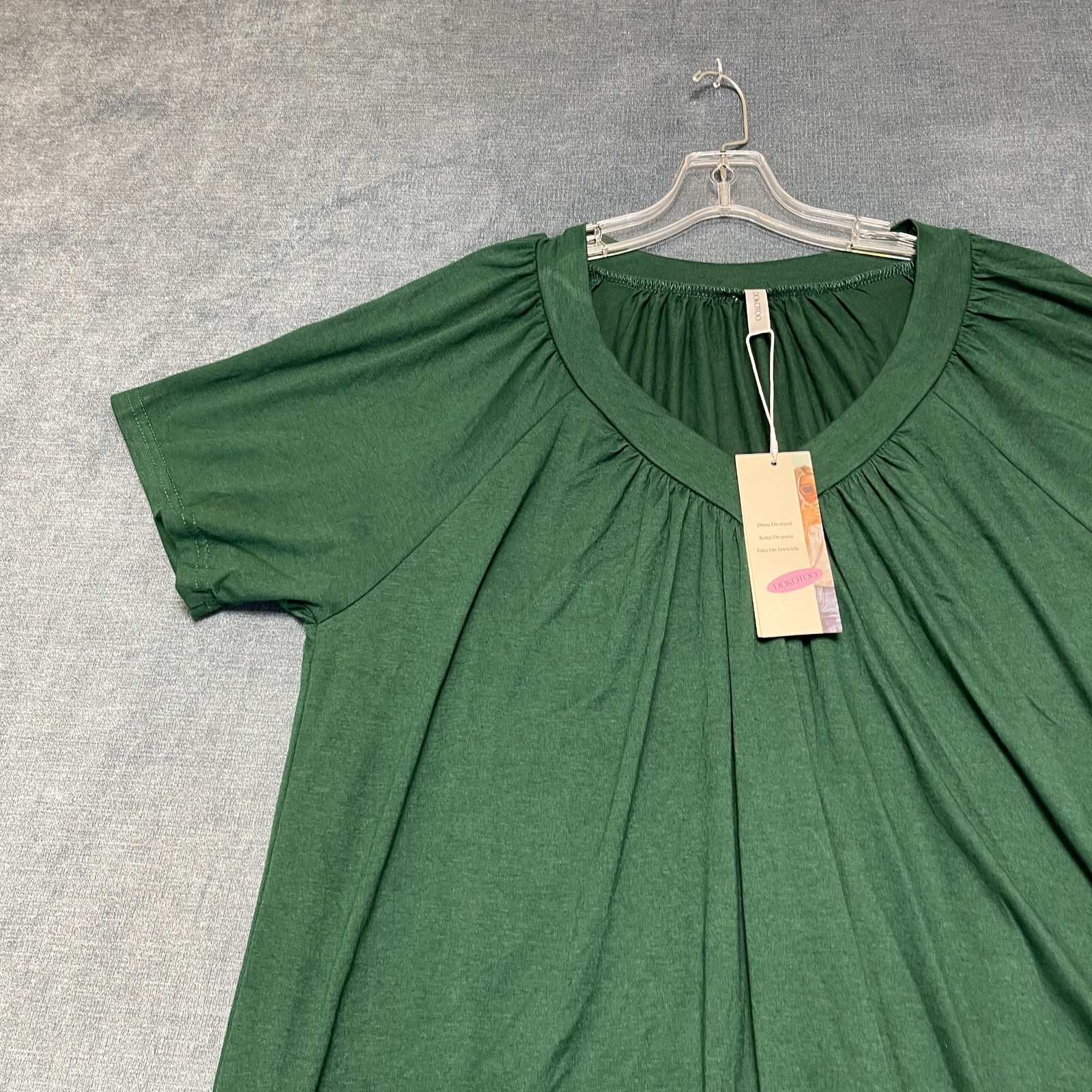 Dokotoo Blouse Top Womens XL Dark Green Summer Wear Pleated V-Neck Shirred Hem