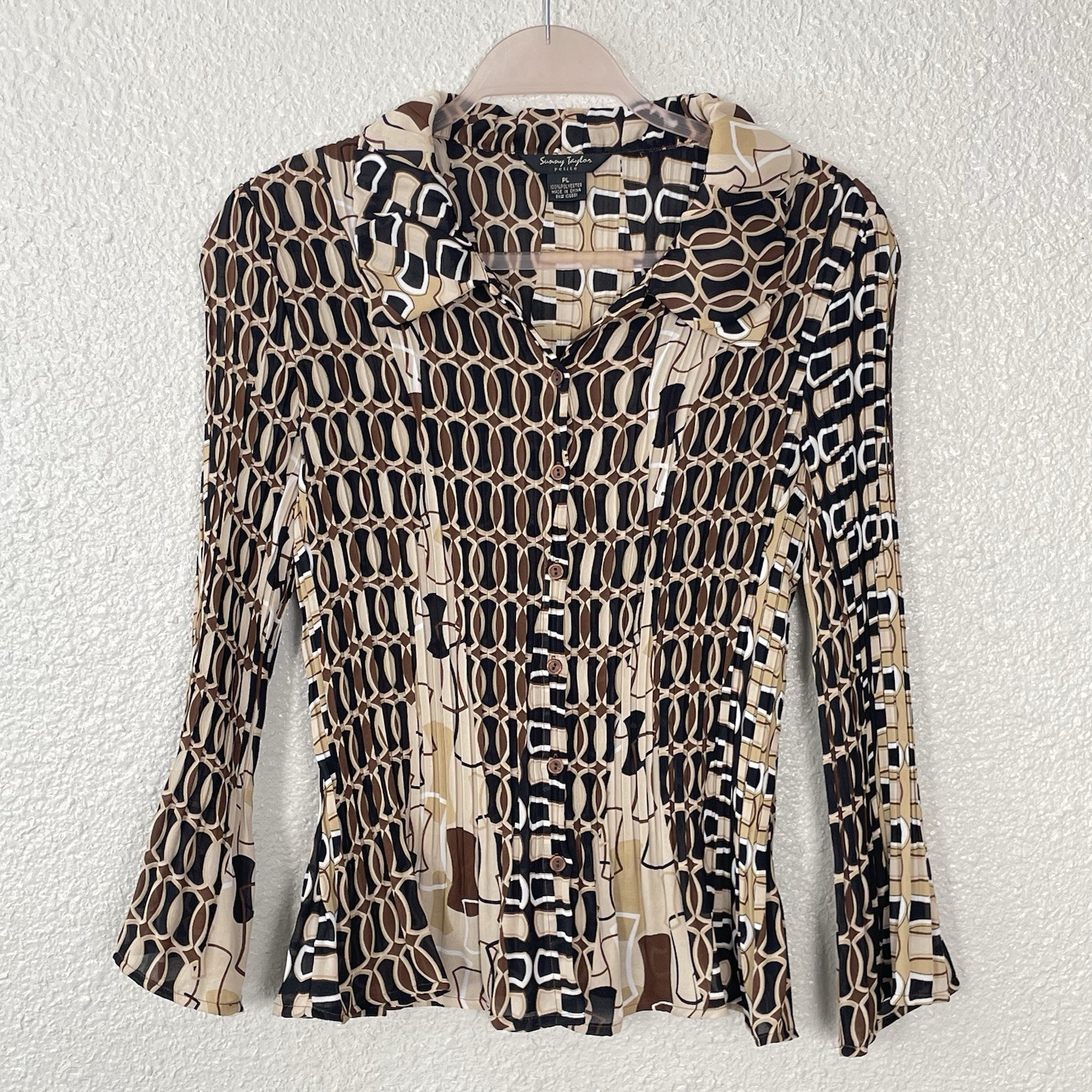 Sunny Taylor Y2K Peplum Blouse Large Petite Crinkle Retro Work Boho Artsy