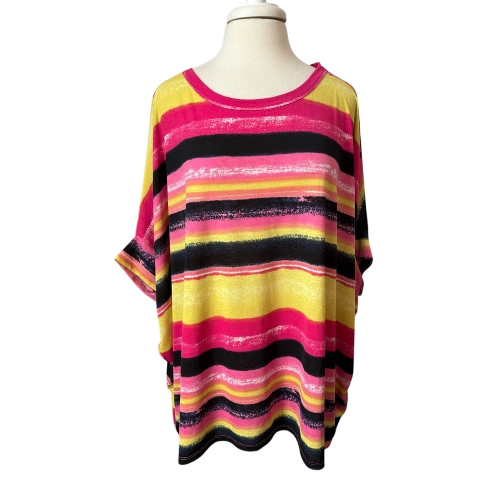 Womens XL Retro Colorful Stripe Oversized Flowy Half Sleeve Blouse Summer Travel
