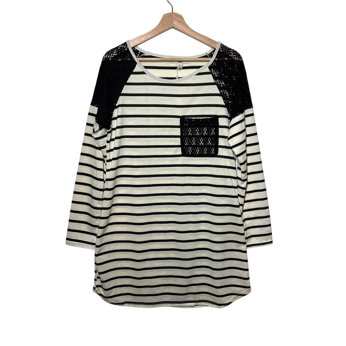 Ya Los Angeles Tunic Top Mini Dress Crochet Lace Pocket Striped Sz L Black Cream
