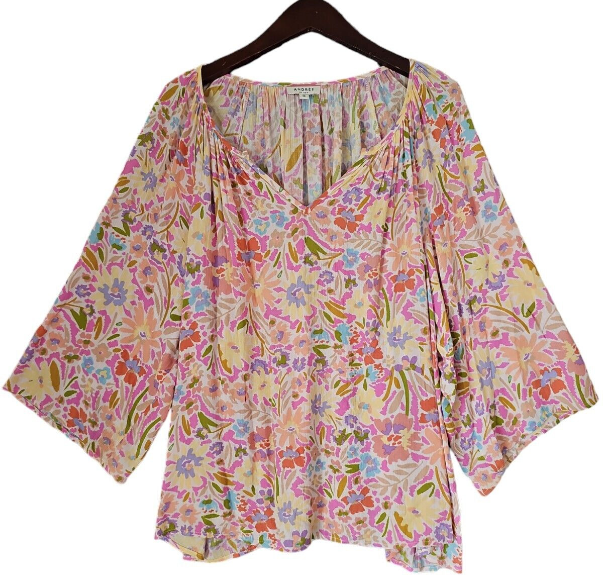 ANDREE by UNIT Woman Floral Print Rayon V Neck Short Wide Sleeve Size 1X