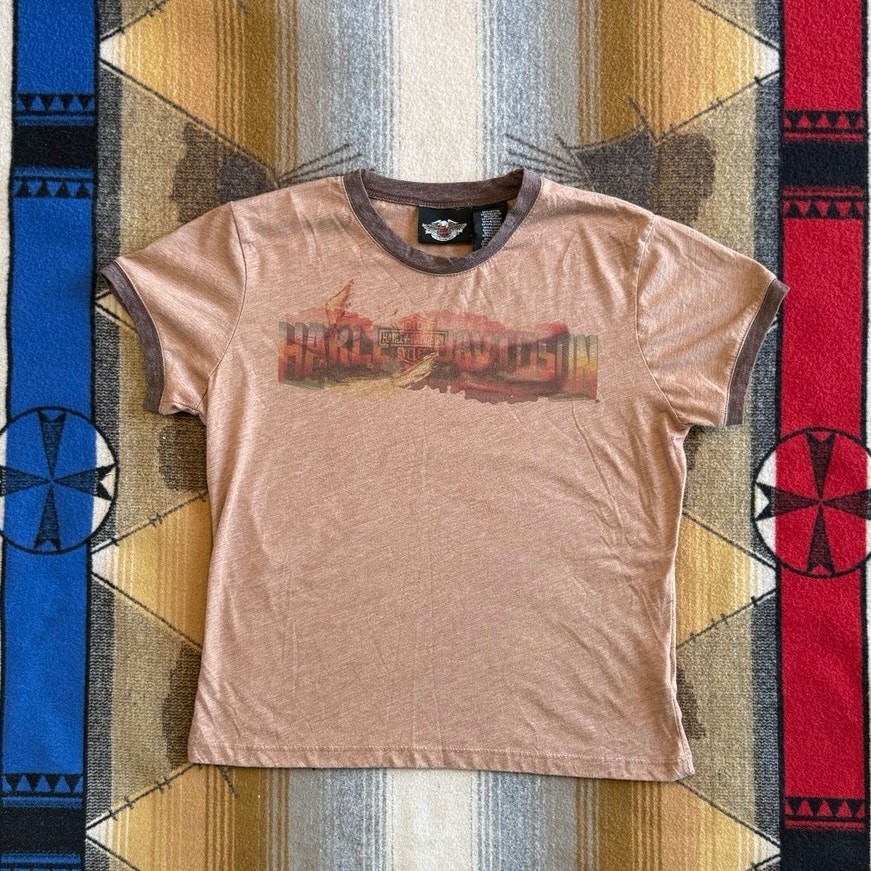 Vintage Y2K Women’s Harley Davidson Biker T-Shirt Size Large Motorcycle Brown