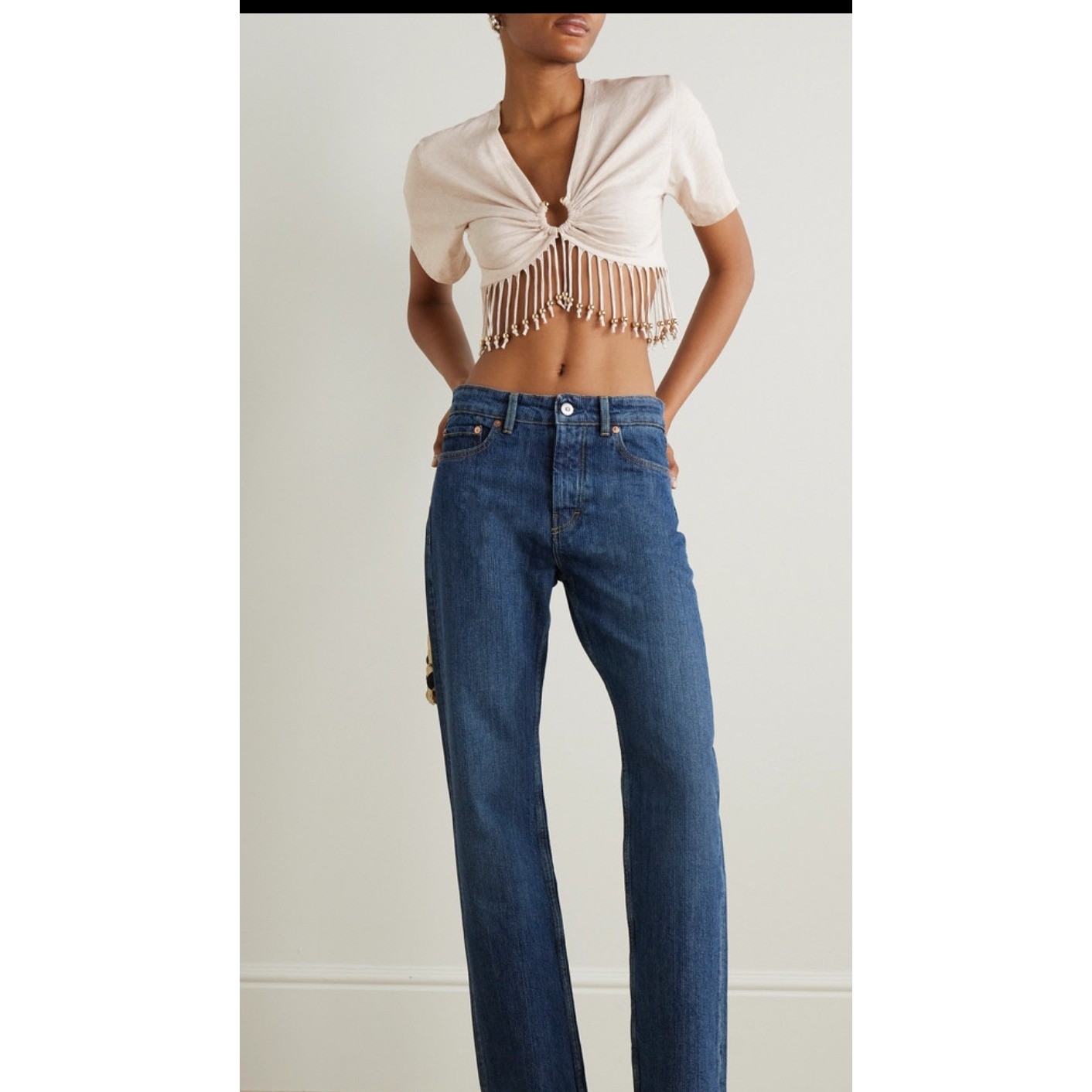 RABANNE Embellished Fringe Crop Top V-Neck Short Sleeve Beige
