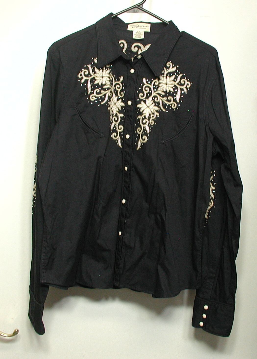 NWT Women XL Denim & Supply Ralph Lauren Black Snap Shirt 100% Cotton Embroidery