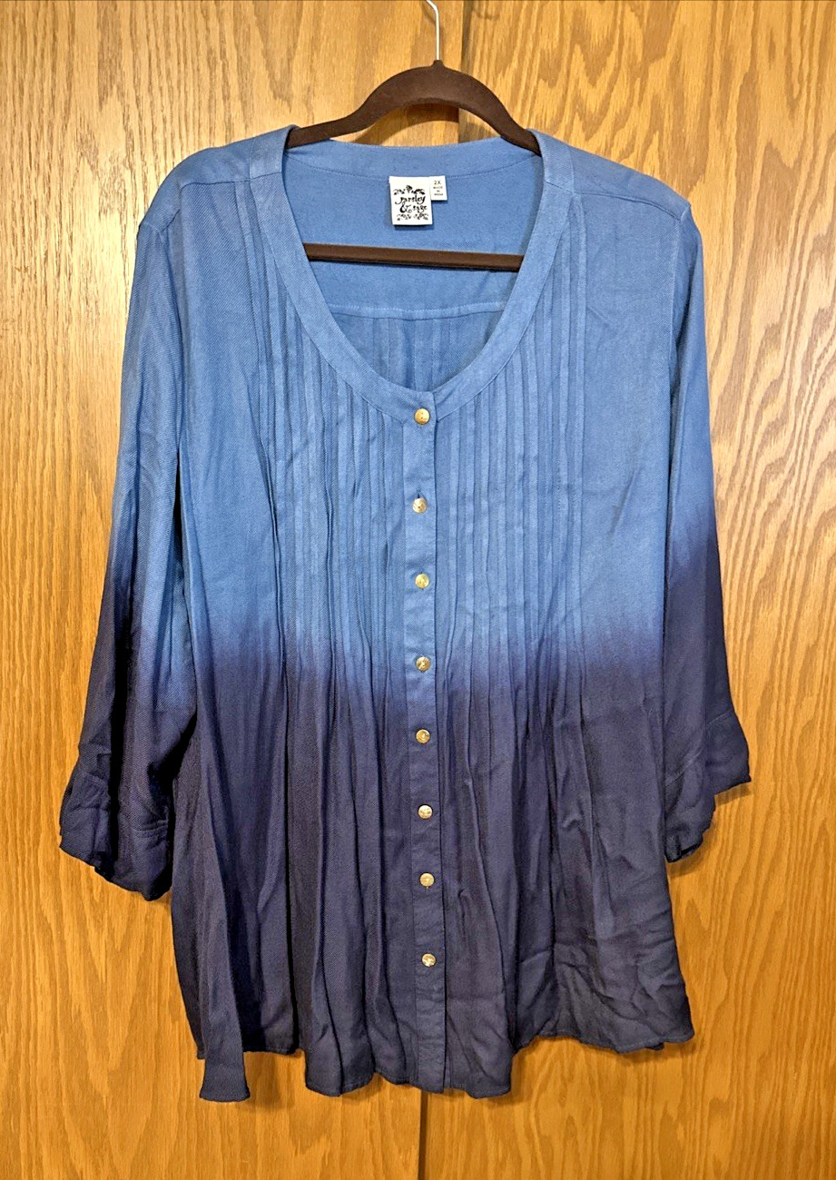 Parsley & Sage Women’s Plus 2XL Drip Dyed 1/2 Sleeve Button Up Blue