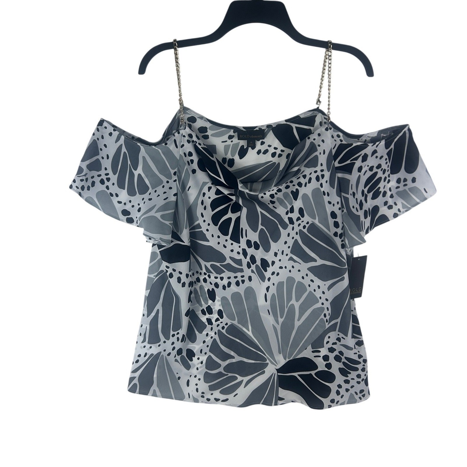 Bold Elements Butterfly Print Cold Shoulder Top XL White Black Chain Strap NWT