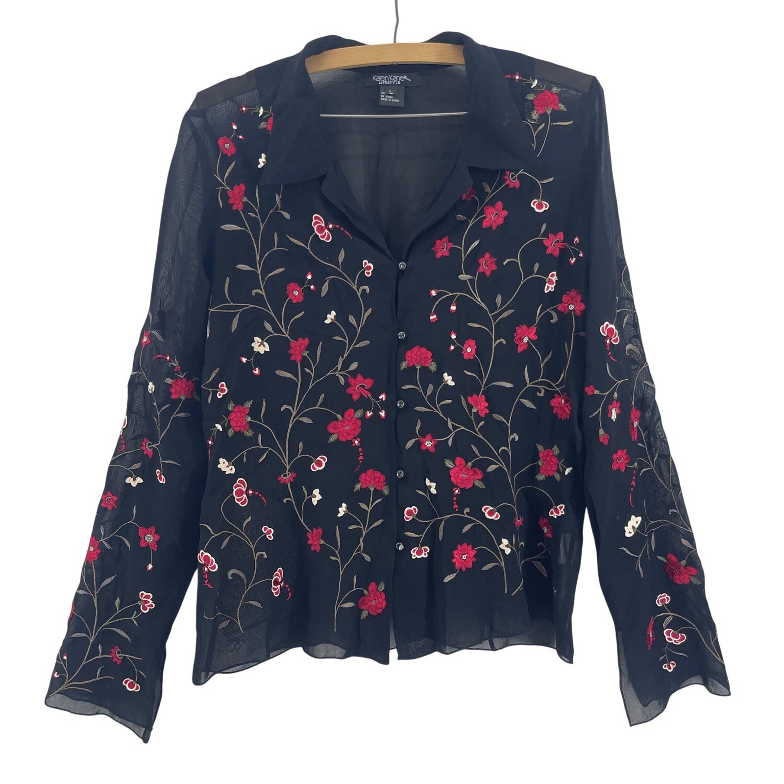 Vtg Embroidered Sheer Button Up Top Womens L Sheer Floral Vamp Whimsigoth Dark