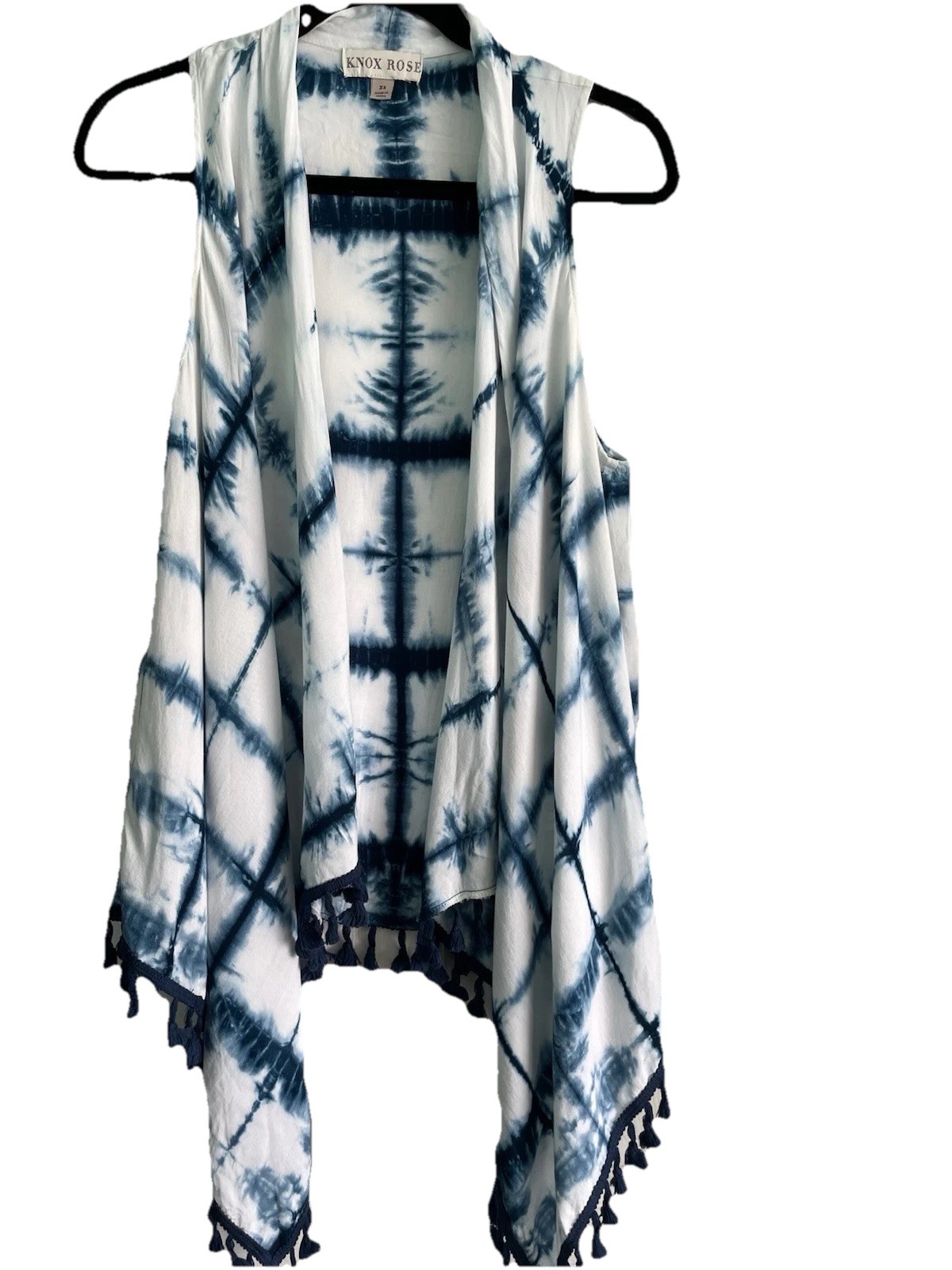 Knox Rose Tie Dye Blue White Rayon Tassel Bottom Beach Cover Vest Size Womens XS