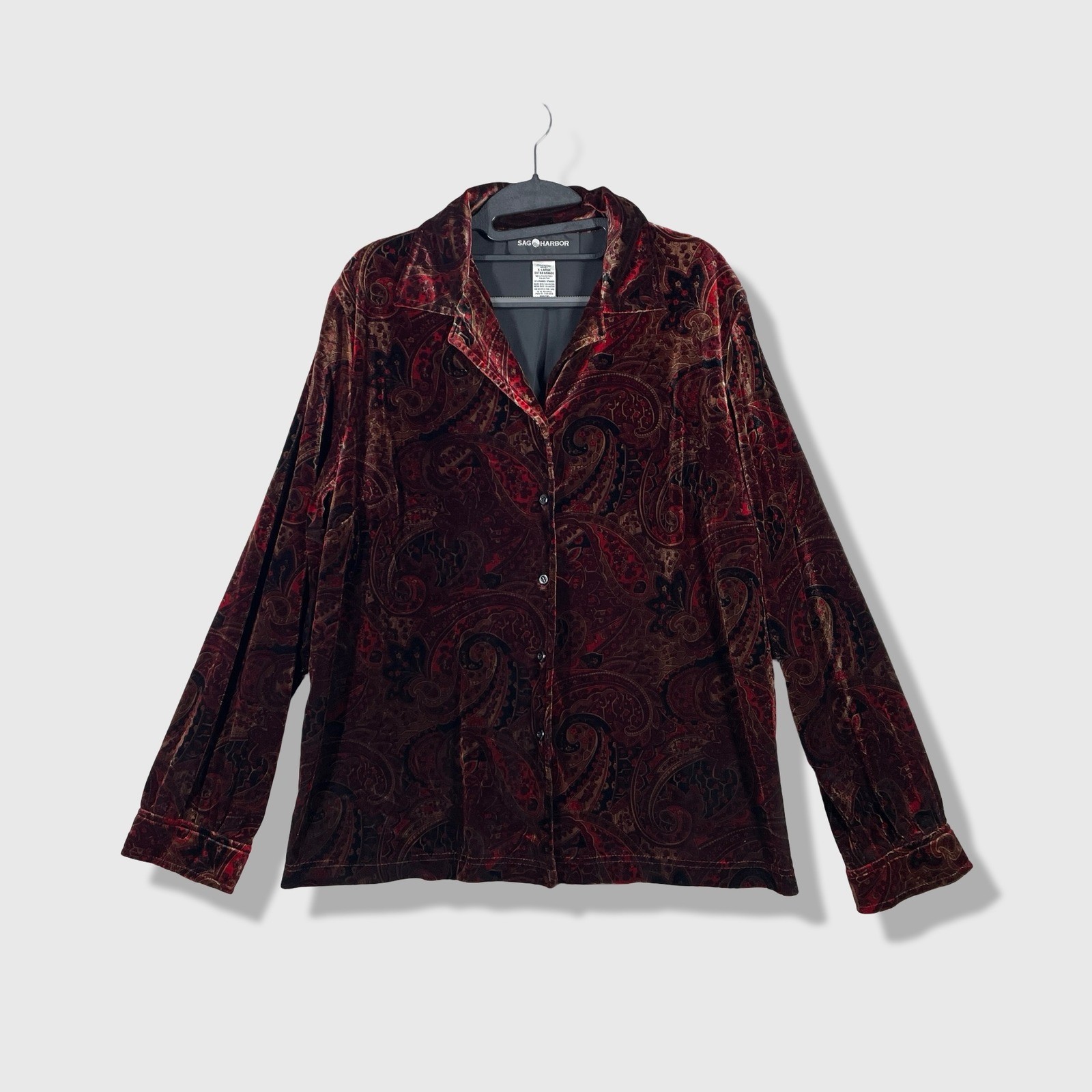 Sag Harbor Velvet Button Up Shirt Womens XL Red Paisley Vintage Goth Boho