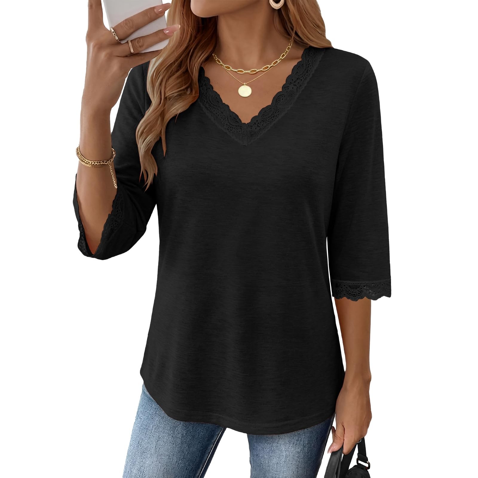 AIZHINENG Womens Tops 3/4 Length Sleeve Lace V Neck T-Shirt Dressy Casual Blo…
