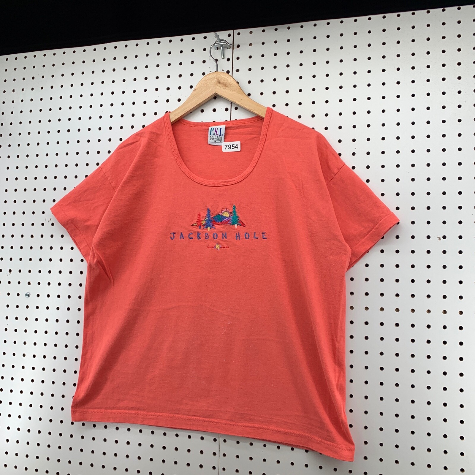 Vintage 90 Jackson Hole Shirt Womens Large Coral Pink EMbroidered 21×23.5