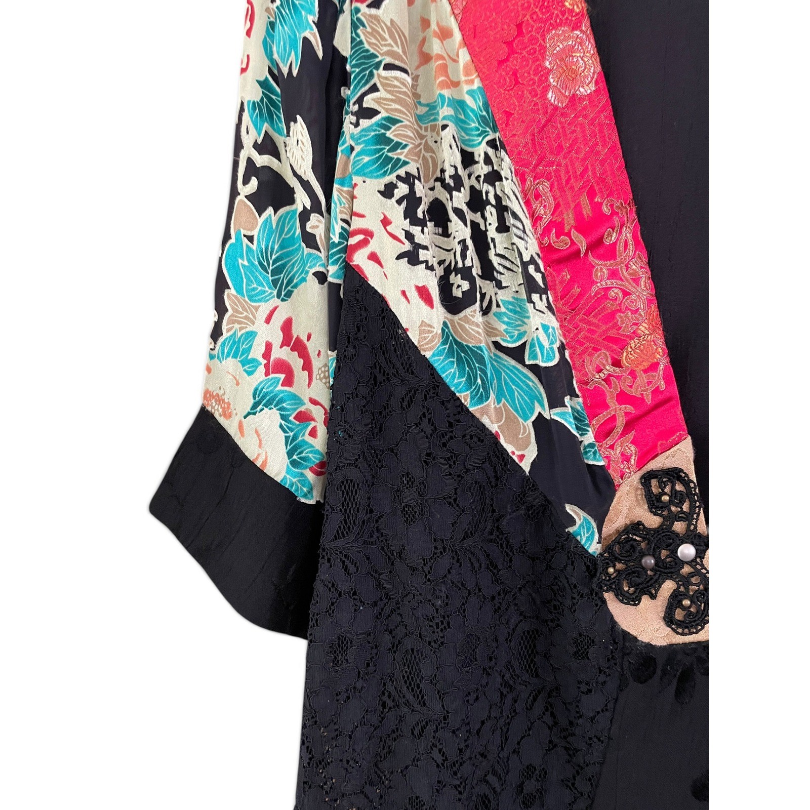 VTG 90s Spencer Alexis Silk Mixed Media Kimono Jacket Lace Floral Whimsigoth M