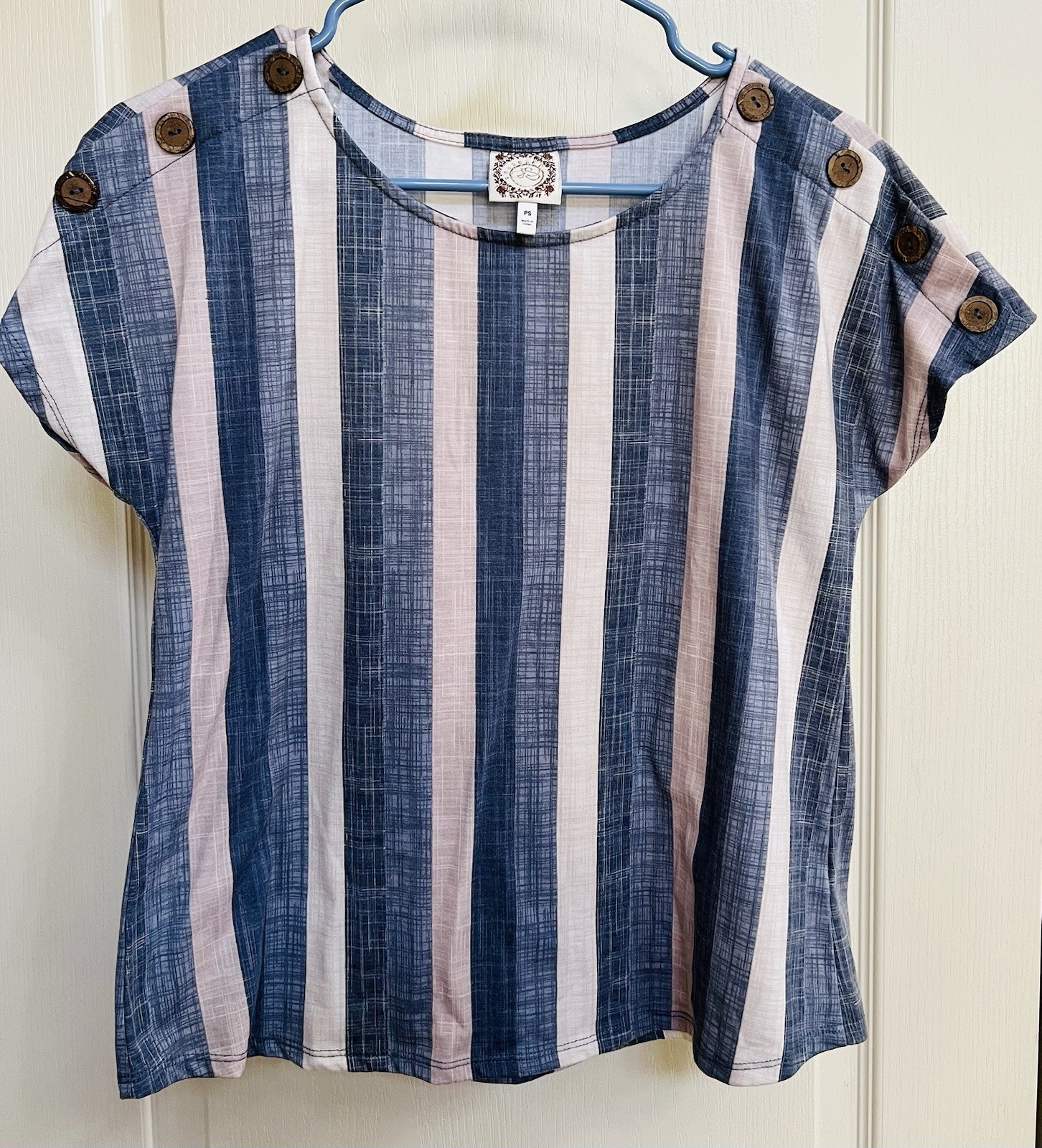 Women’s Petite Small Blue Pink Stripe Button Shoulder Short Sleeve Top PS