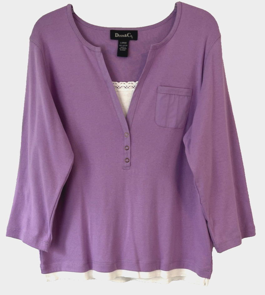 Denim & Co. Henley Shirt w/Lace Inset Purple Pull On 3/4 Sleeve Women XY18