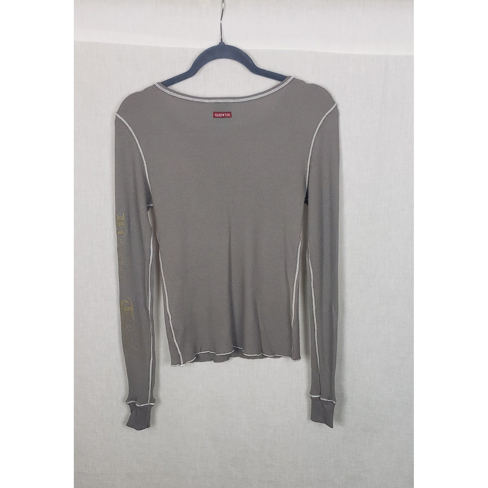 Hard Tail Forever Thermal Waffle Knit Top Gray Gold Graphic Floral M Boho Grunge