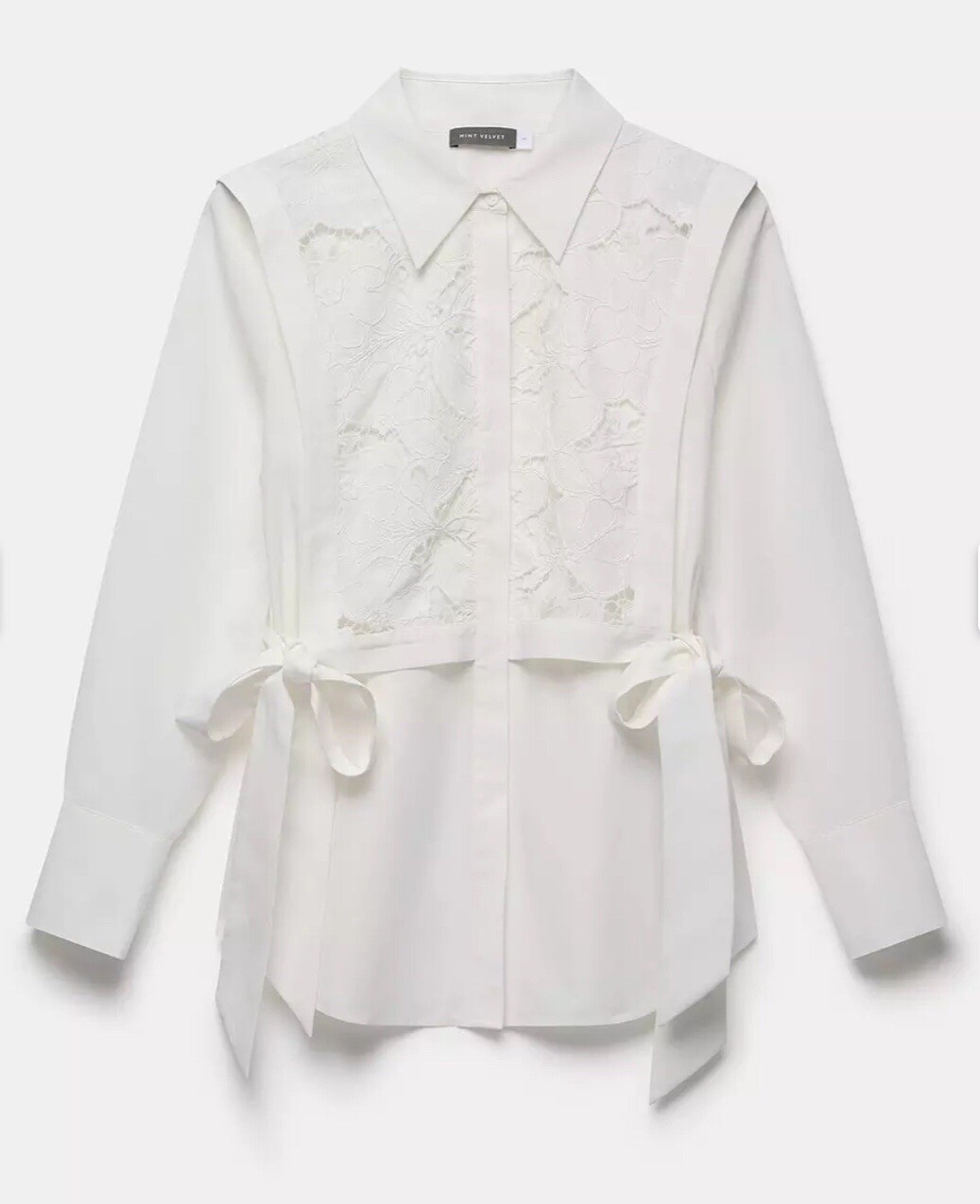 MINT VELVET White Lace Tabard Shirt Lace Overlay Long Sleeves Bow Ties Sz Sm NWT