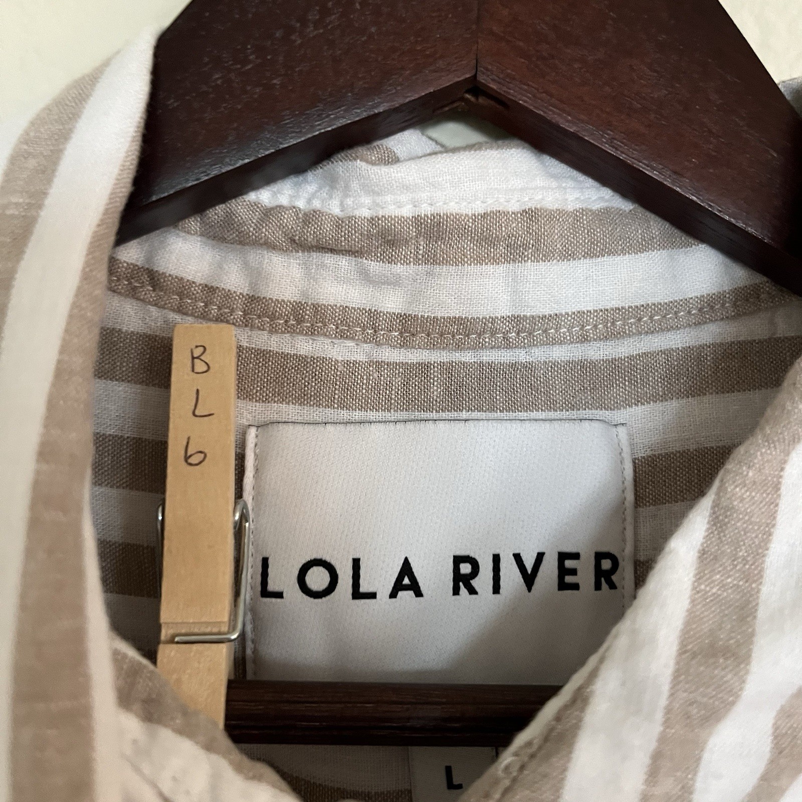 LOLA RIVER Striped Button Up Cuffed Short Sleeve Linen Tencel Shirt Blouse SZ L