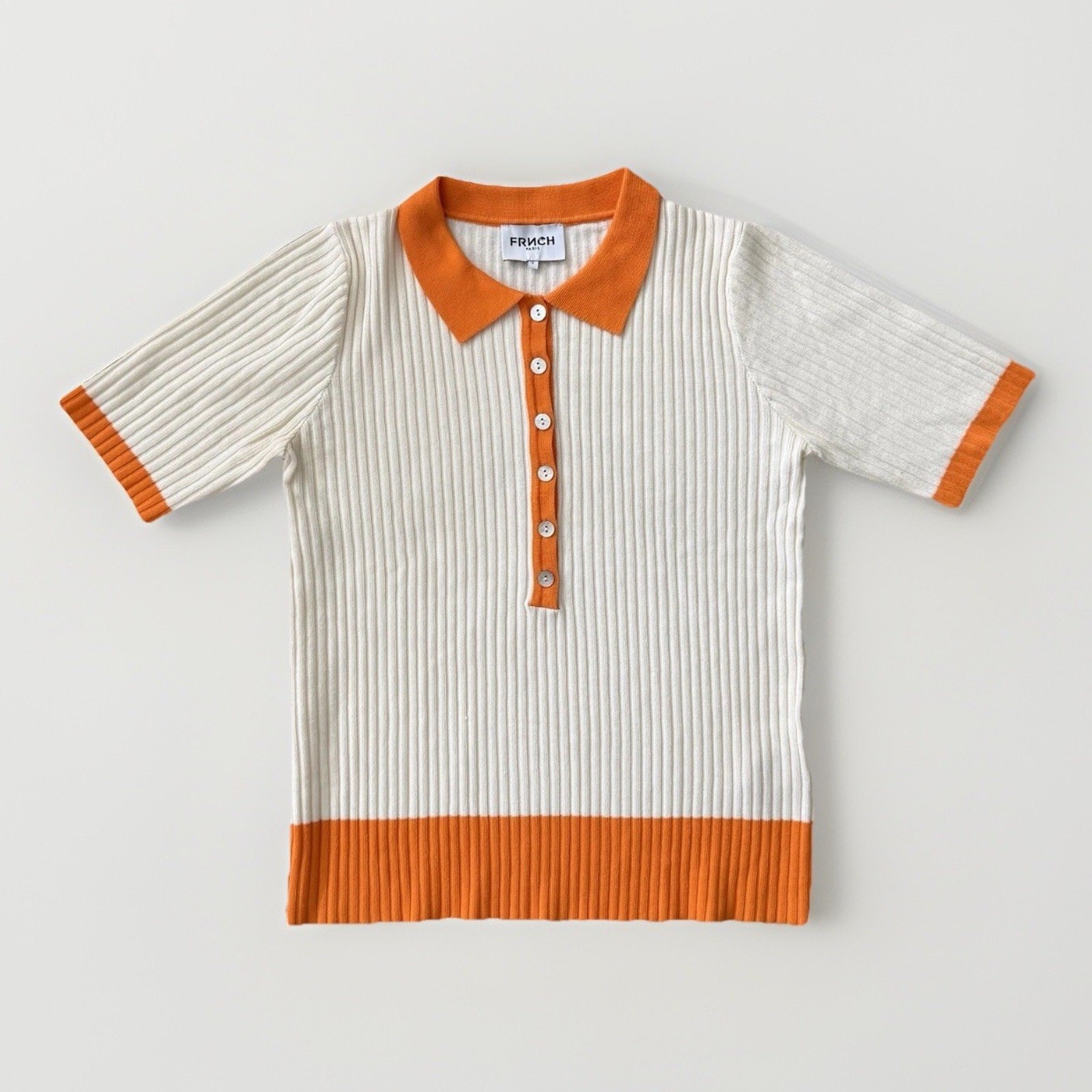 FRNCH Paris Asteria Knit Polo Sweater S Cream/Orange SS23 French Girl Retro Mod