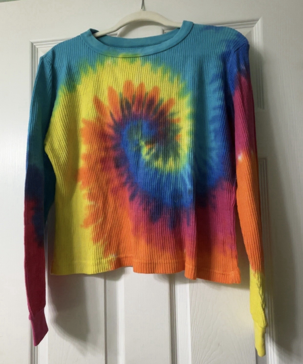 Just Love Rainbow Tie Dye Waffle Knit Long Sleeve Top S Hippie Artsy Pride Color