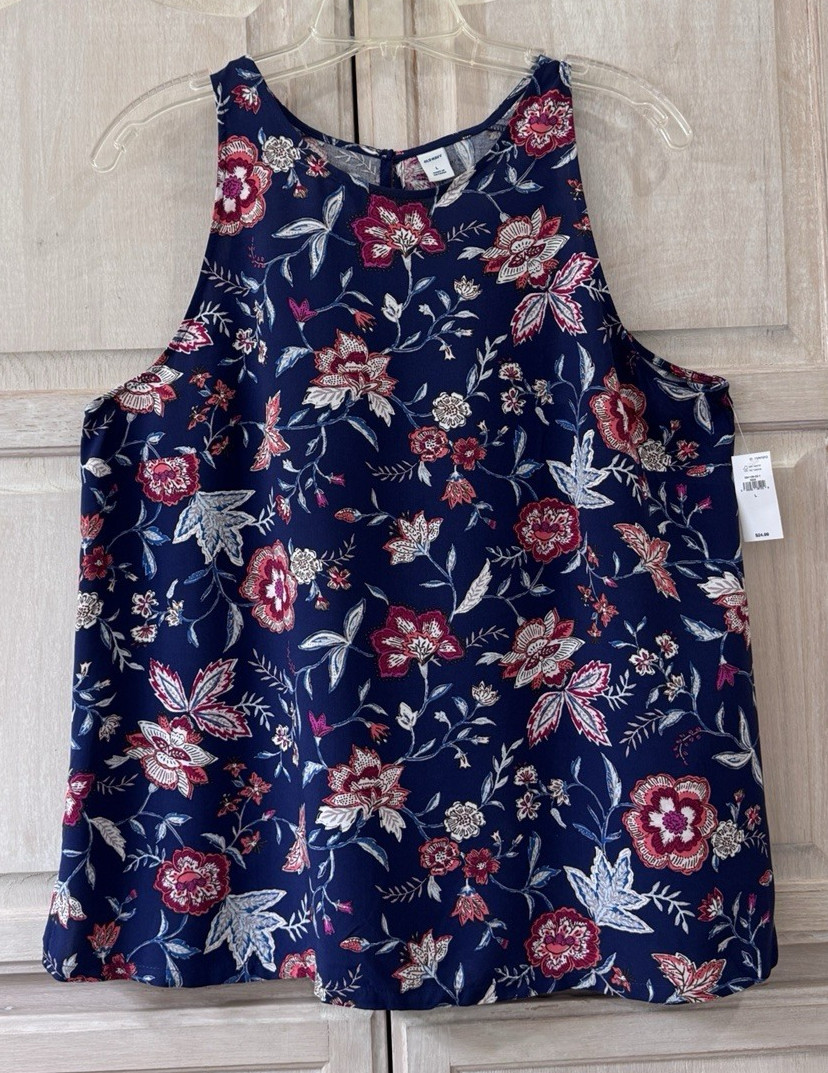 NWT Old Navy Blue Multicolor Floral Sleeveless Blouse Top Size Large