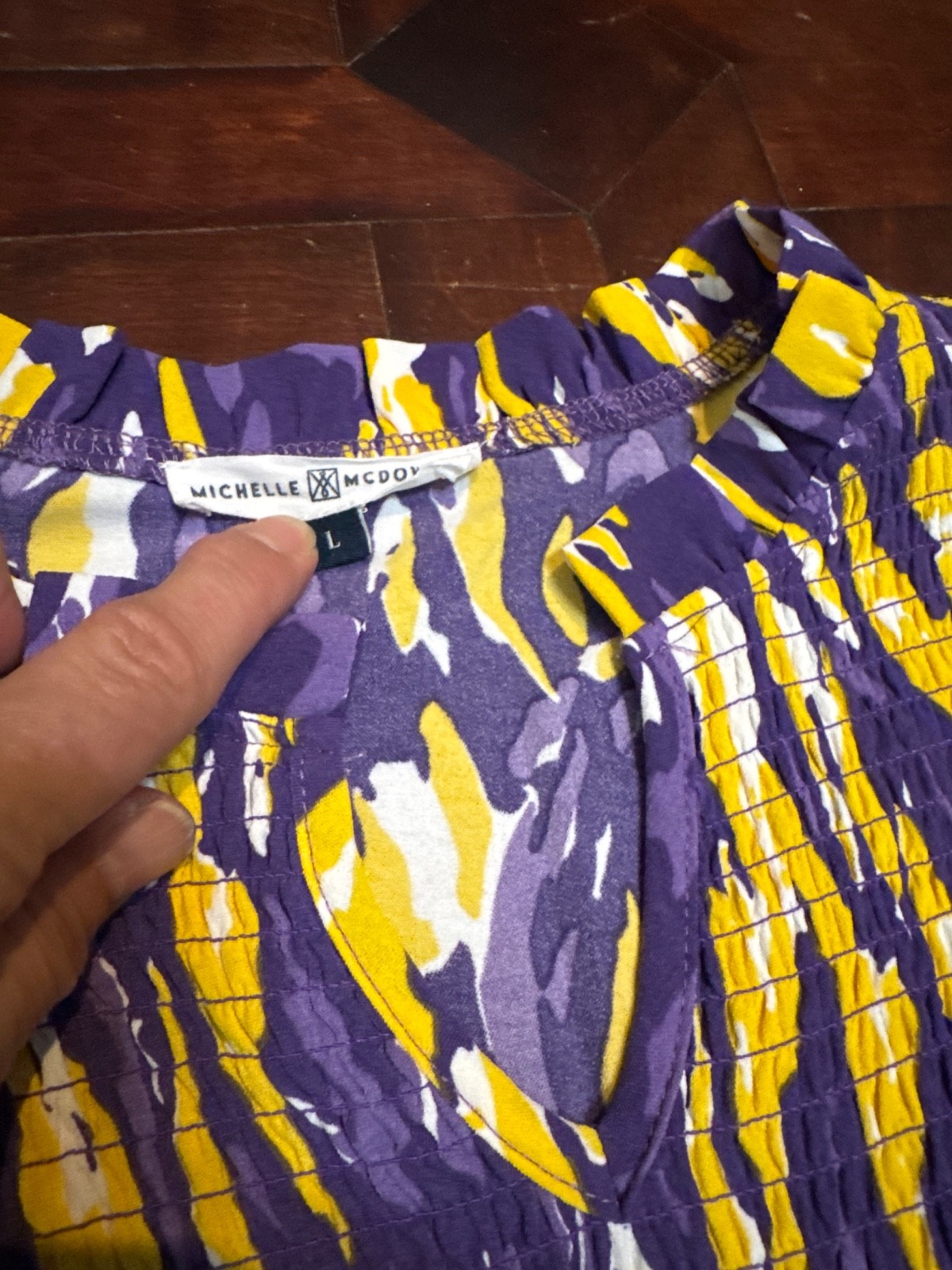 Michelle McDowell everly Top Blouse LSU Tiger Tail purple gold LARGE 3/4 Sleeves