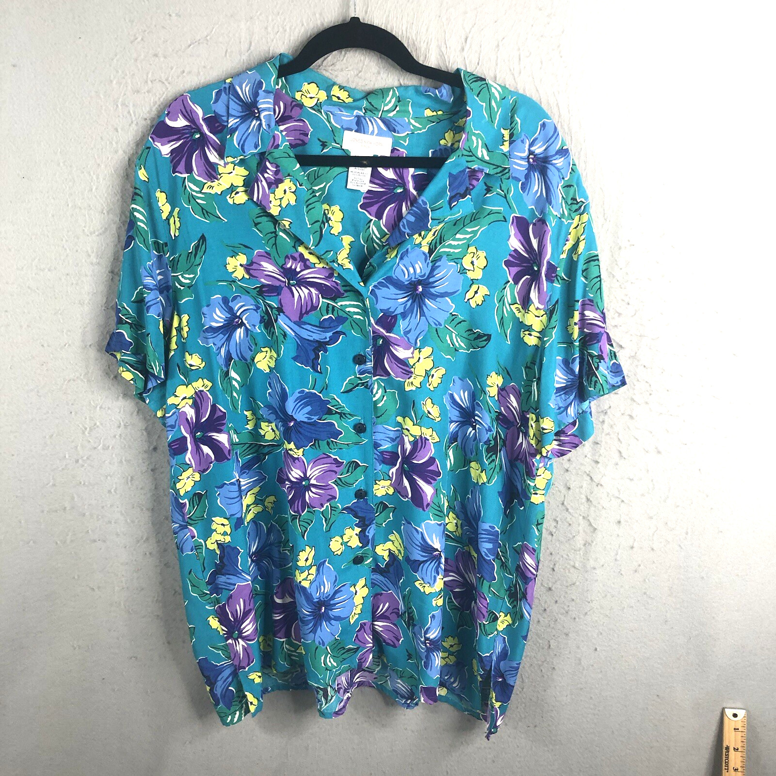 Vintage Hawaiian Top Women 16W Plus Size Blue Purple Floral Hibiscus Beach Vacay