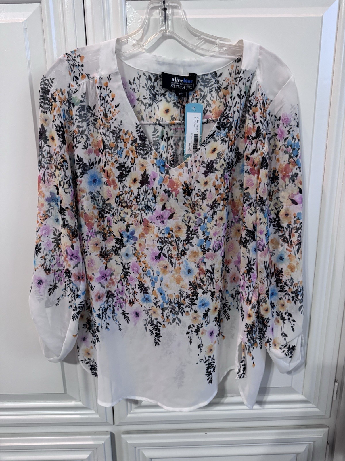 Alice Blue Zinnia V Neck Floral Blouse Watercolor Print Semi Sheer NWT Sz L