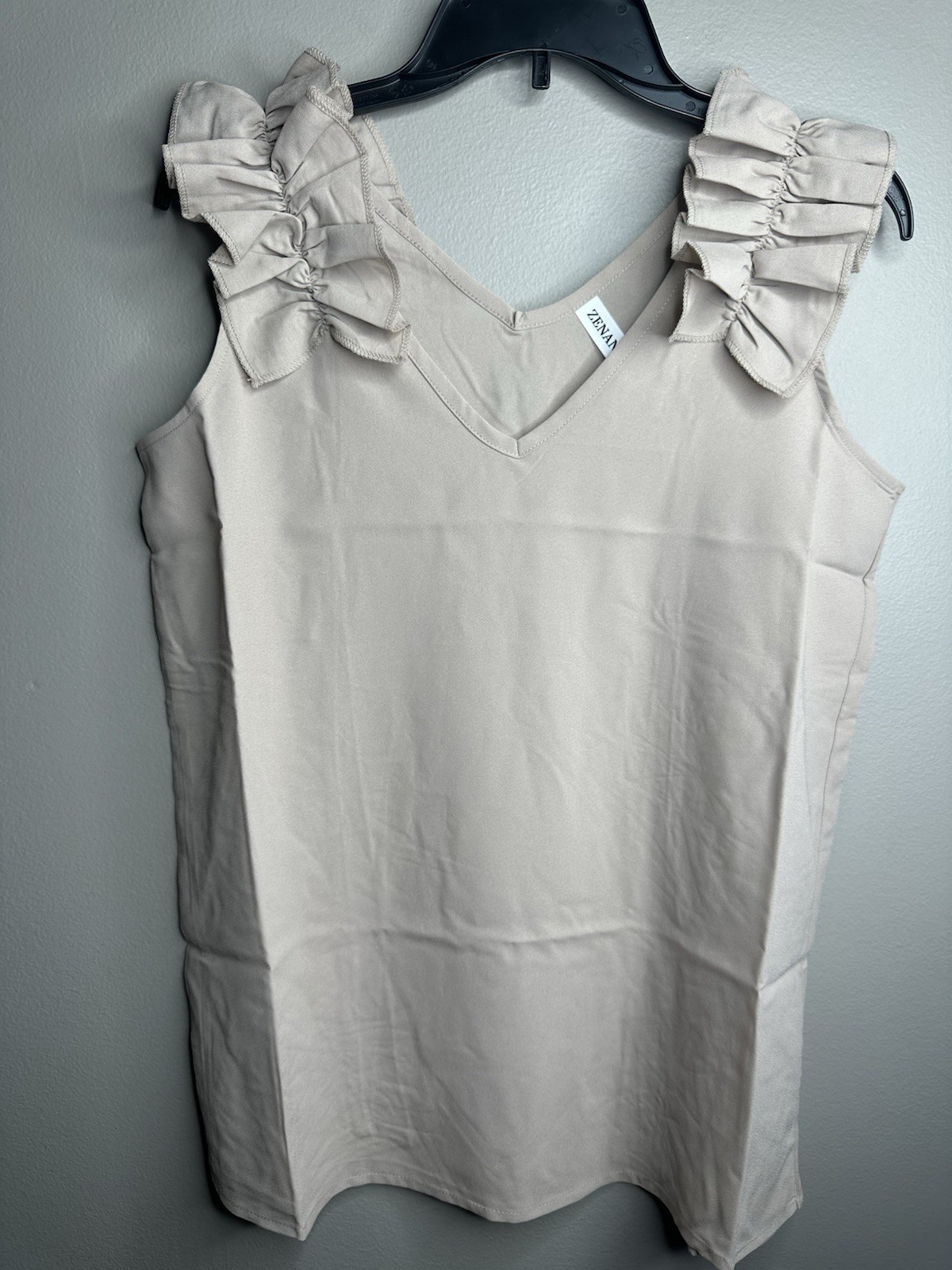 NEW ZENANA Women’s Size SMALL V-Neck Sleeveless Blouse Ruffle Shoulder ASH MOCHA