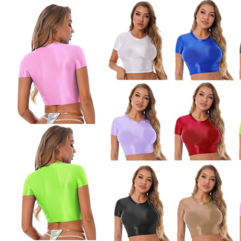 US Women Swim Tops Sexy Smooth Short Sleeve Crop Top Slim Fit Tee shir
