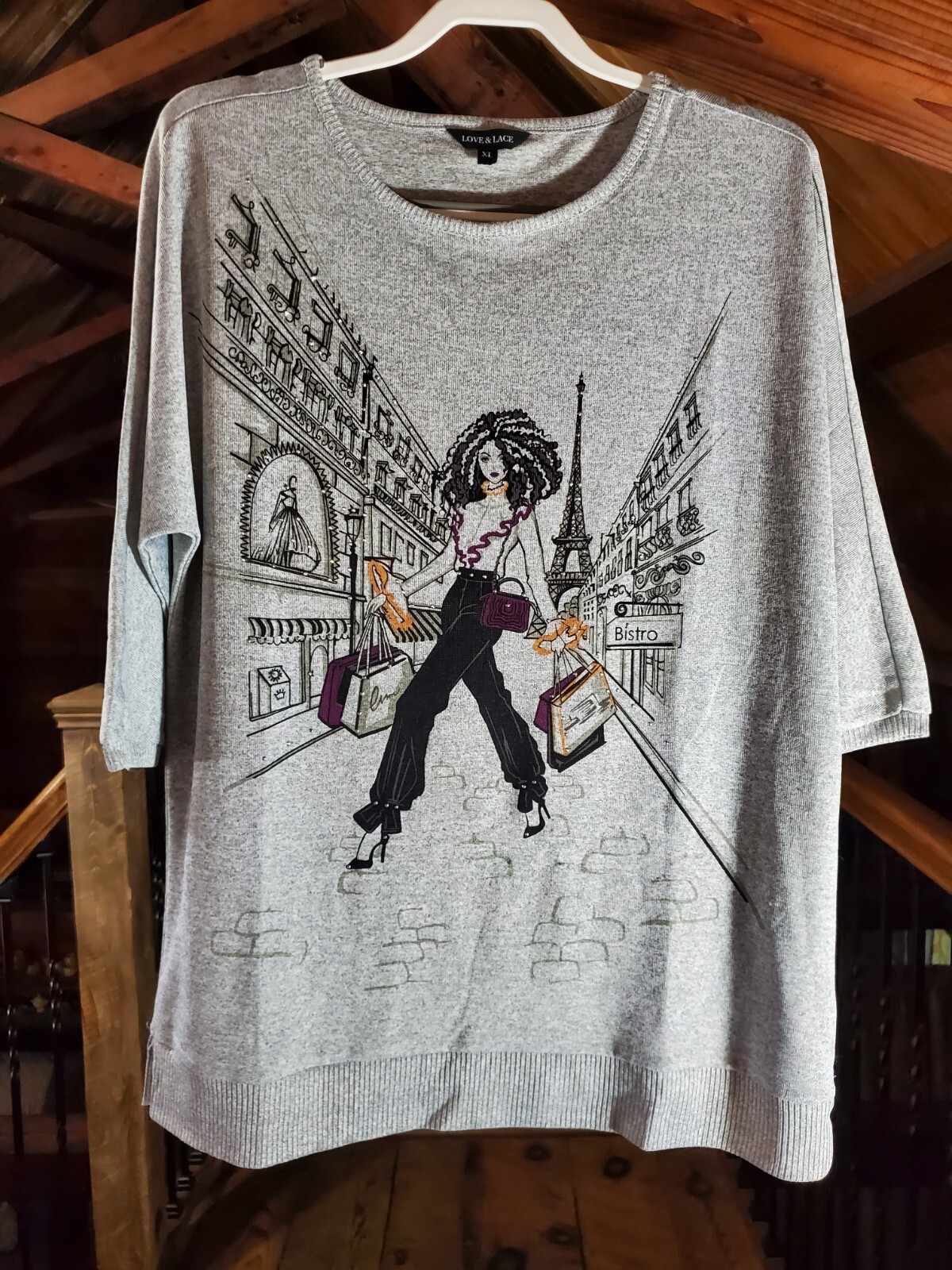 Love and Lace Top XL Womens Tunic Gray Fashionable Paris Lady Eiffel Tower