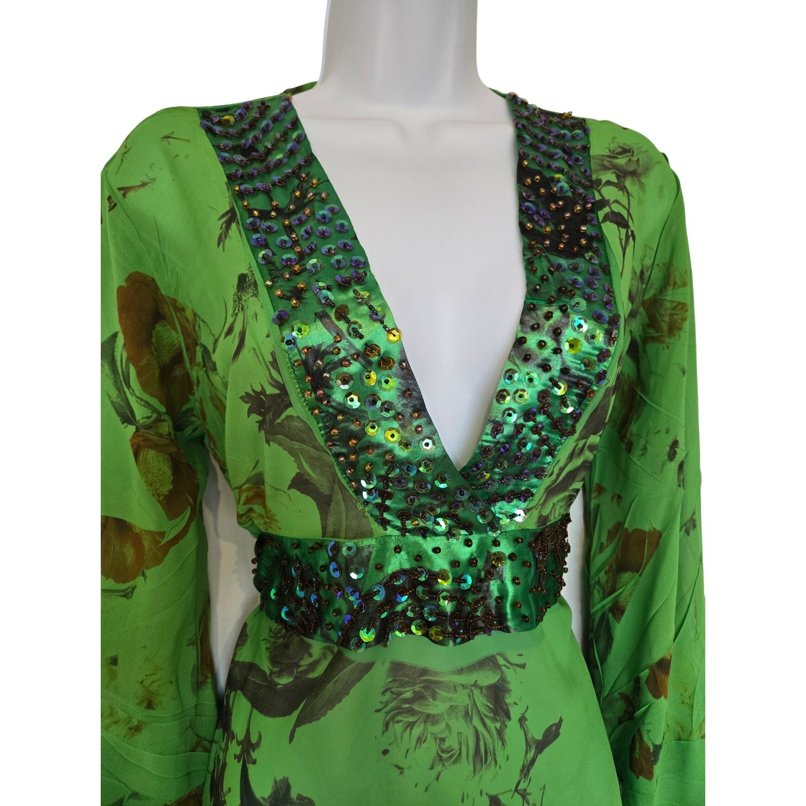 Mikino Green Floral Sequin Beaded Bell Sleeve Blouse Top S Y2K Boho Maximalist