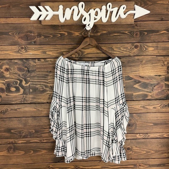 Fever | Off Shoulder Plaid Blouse Ruffle Bell Sleeve Ruffle Trim