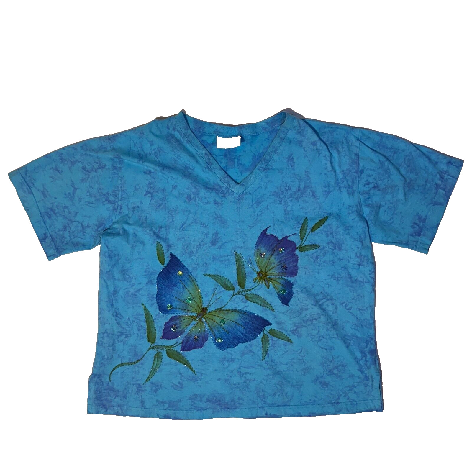 Coconut Reed Butterfly Beaded Sequin Blue Tie-dye Tshirt – XL Cotton Beach Top