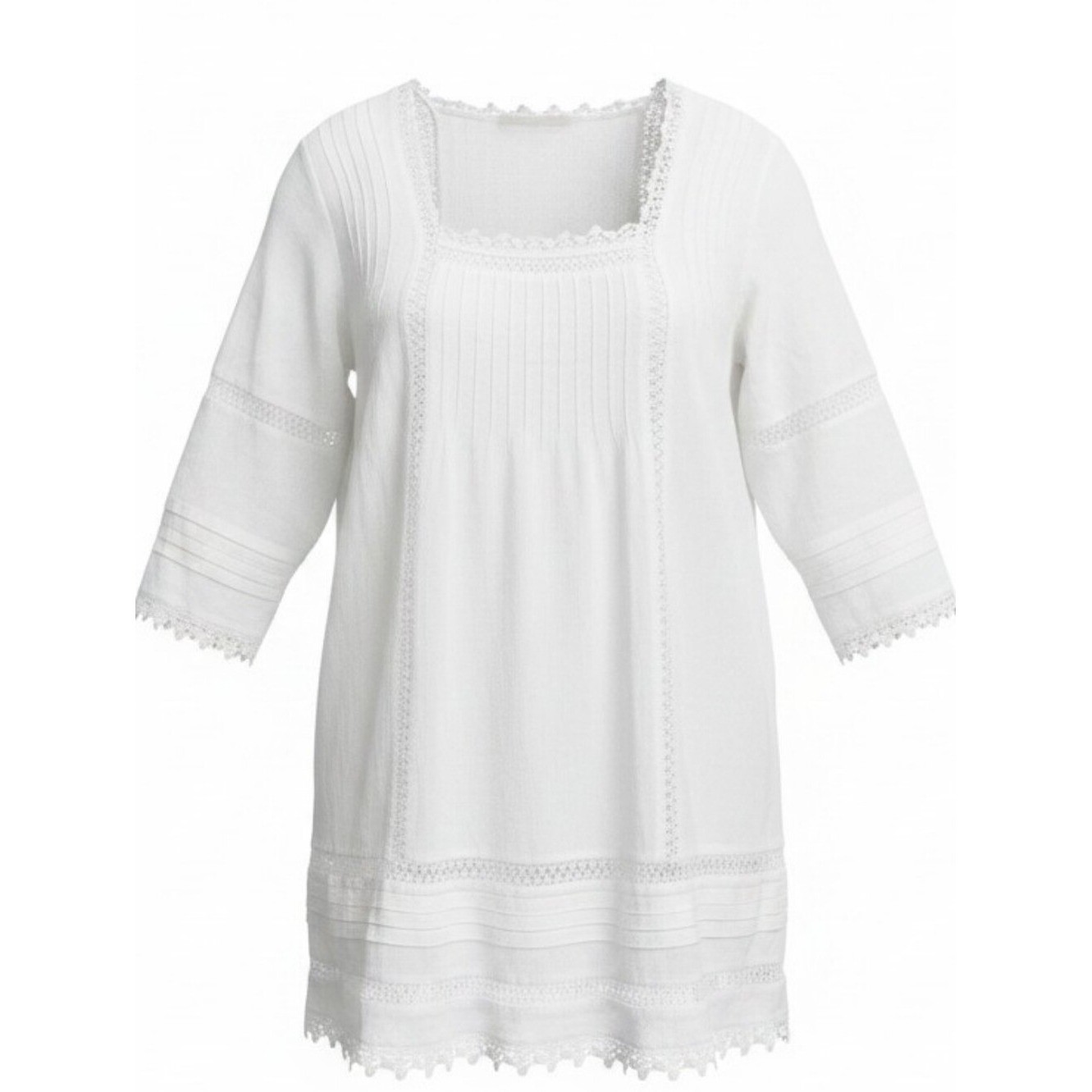 CHICO’S | White Cotton Lace Pintuck Boho Chic Cottagecore Coastal Tunic Top | XL