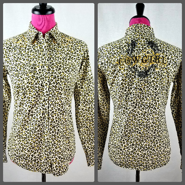 Cowgirl Hardware Western Shirt Women Size S Yellow Black Animal Print Rhinestone