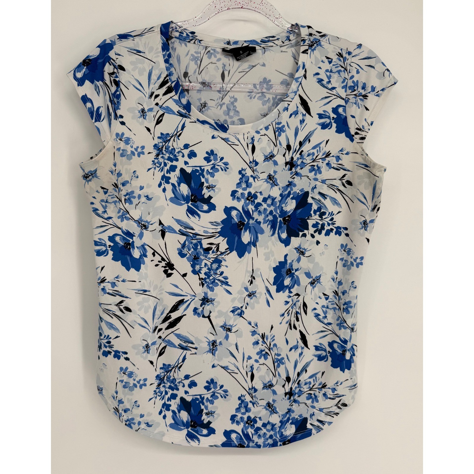 Nue Options Womens Blue White Floral Cap Sleeve Scoop Neck Knit Top Blouse Sz S