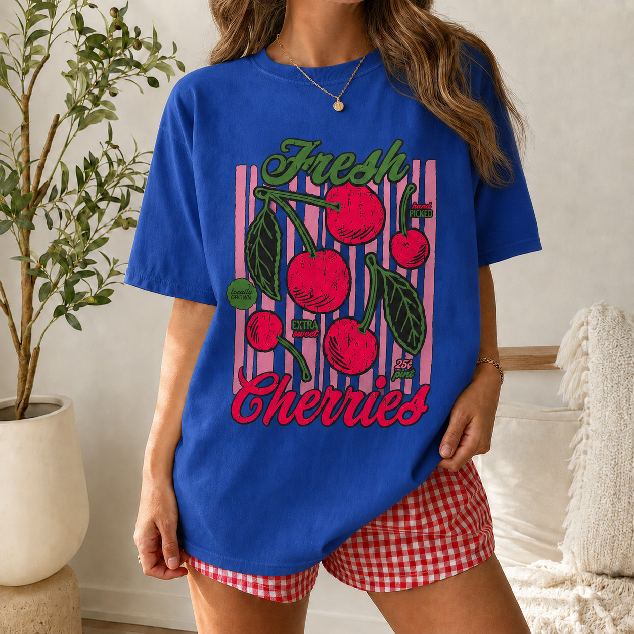 Fresh Cherries Graphic Tee, Retro Fruit Print Shirt, Summer Casual T-Shirt