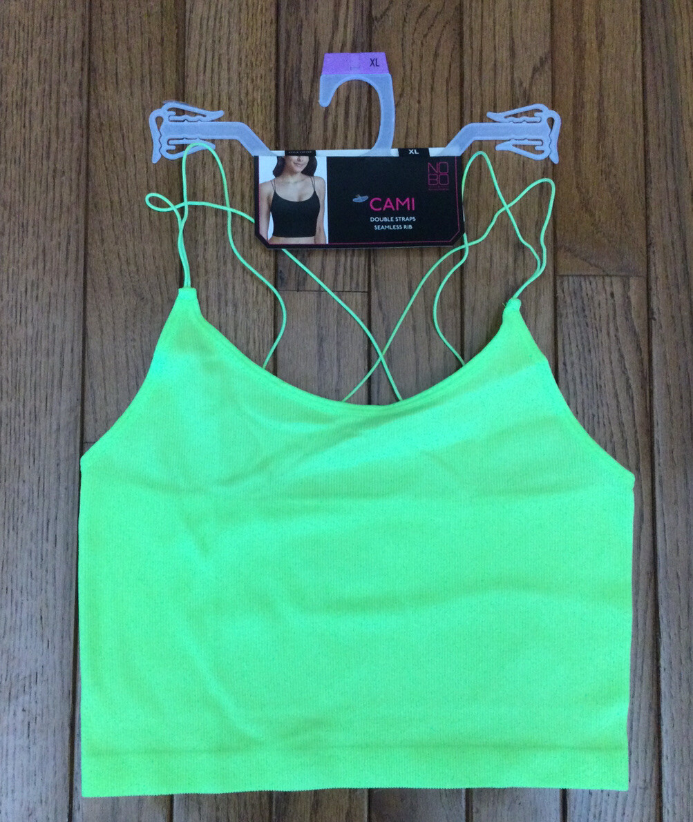 NO BOUNDARIES NOBO Neon Green Cami Top T-shirt Stretch Ribbed Double Strap Sz XL