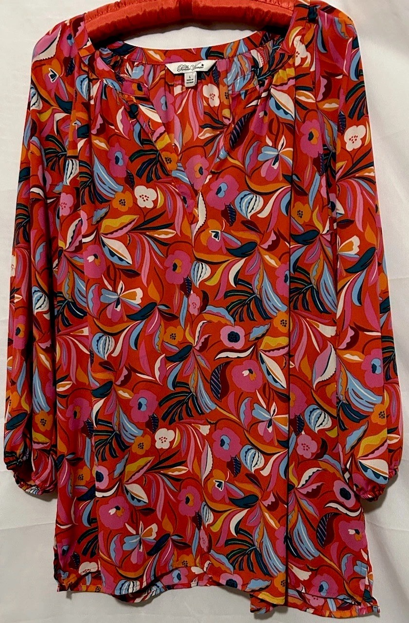 Pioneer Woman Top L Cute Floral Silky Popover Peasant Shirt Blouse Size Large