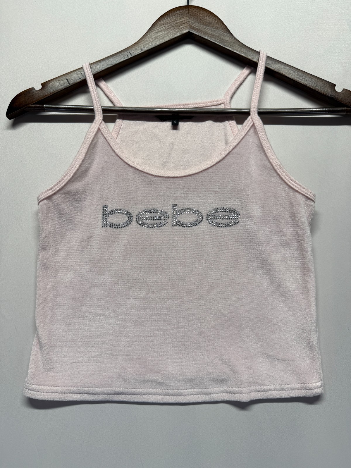 Bebe Cropped Tank Top Womens Small Pastel Pink Embellished Rhinestone Stretch