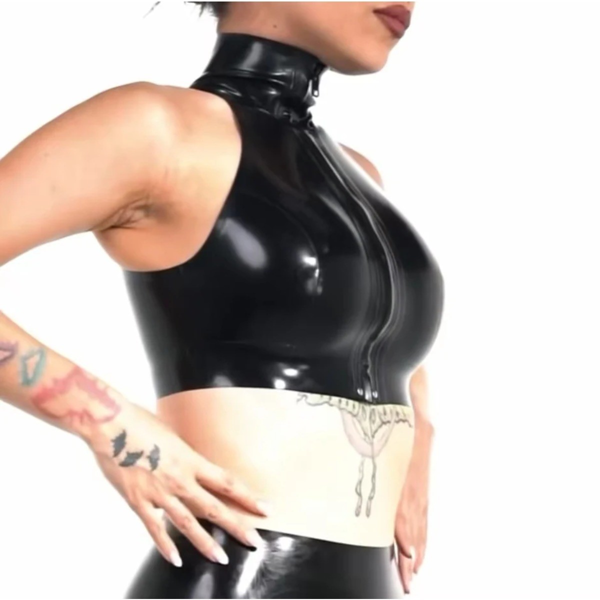 Women Handmade Latex High Neck Crop Top Sleeveless Top With Front Zipper