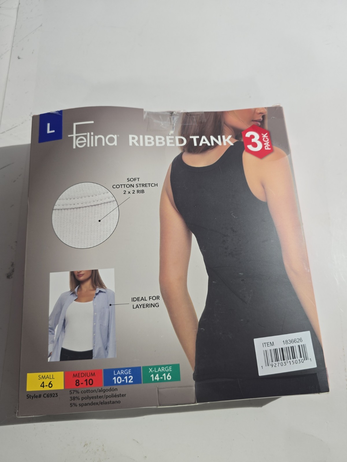 Felina Women’s 3-Pack Soft Cotton Stretch Ribbed Tank, Black/White/Gray, L